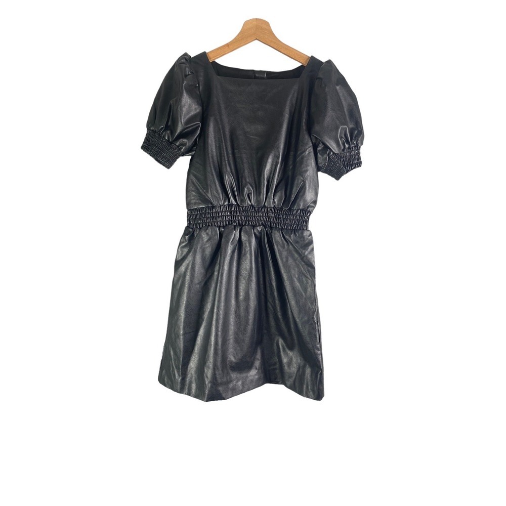 Habitual‎ Girls Dress Black Faux Leather Puff Sleeve Smocked Waist Size 14